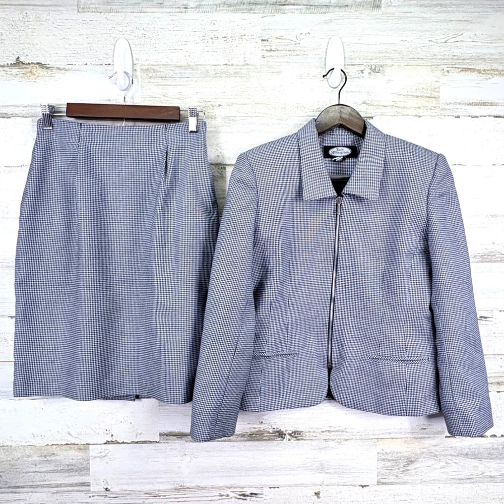 Kate McNaughton Houndstooth Navy Blue Skirt Suit Set Womens Sz 6 Blazer Vintage